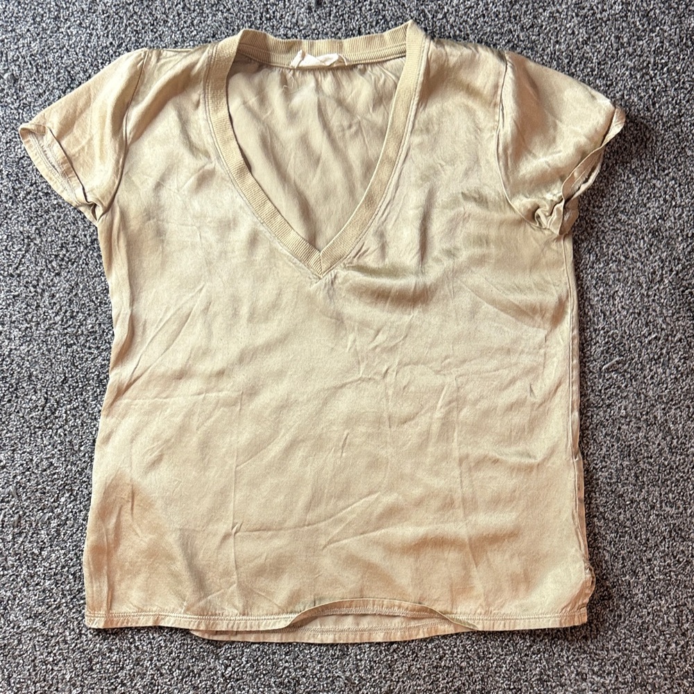 Nation LTD June V Neck 1/4 Sleeve Hammered Satin Shimmer Tee Gold Size XS